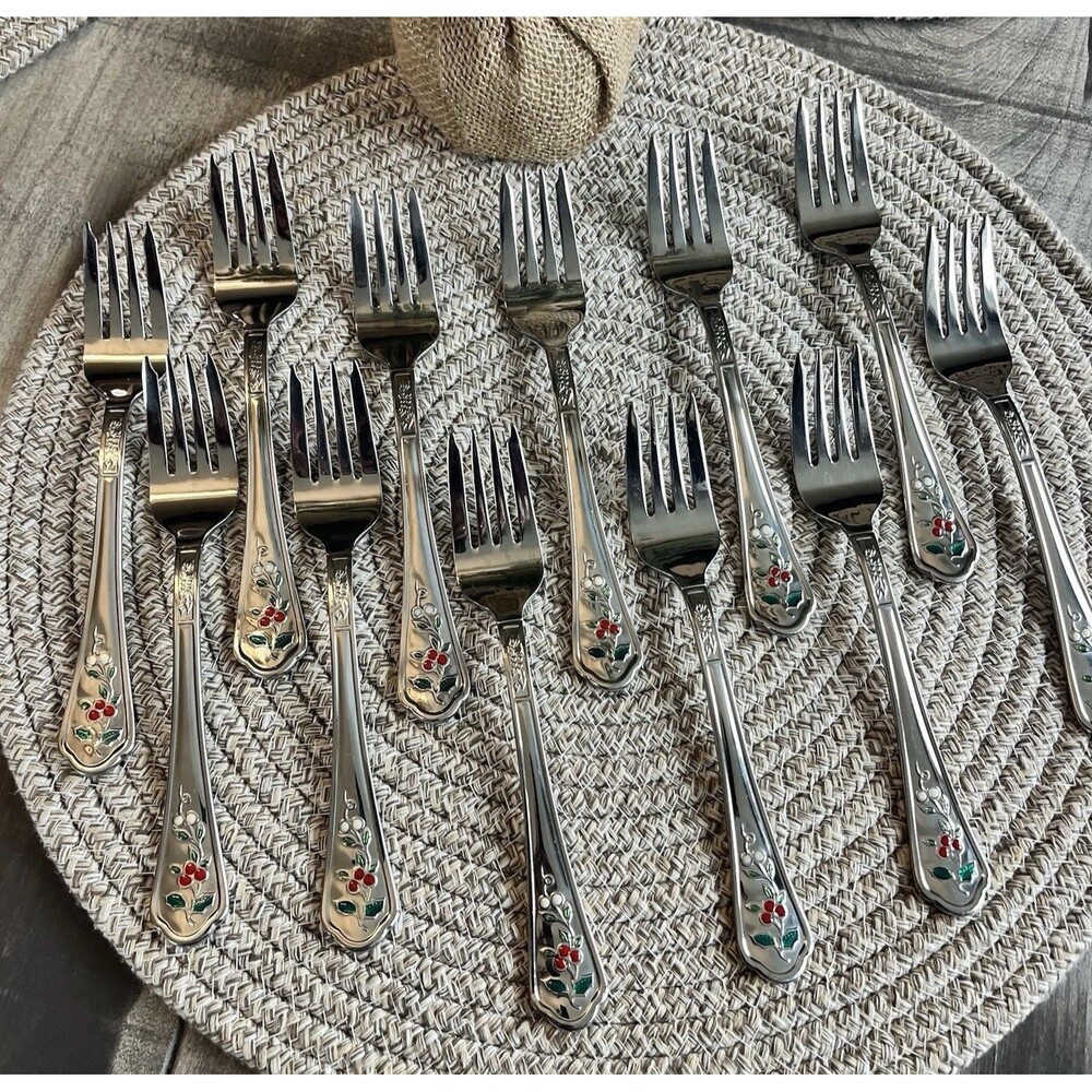 Vtg Pfaltzgraff WINTERBERRY Holly Stainless Glossy Enamel Flatware Salad Fork 12